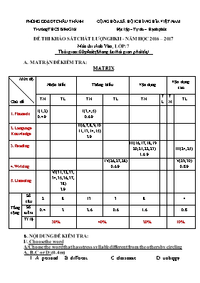 Đề thi khảo sát chất lượng học kỳ II môn Tiếng Anh Lớp 7 - Năm học 2016-2017 - Trường THCS Biên Giới